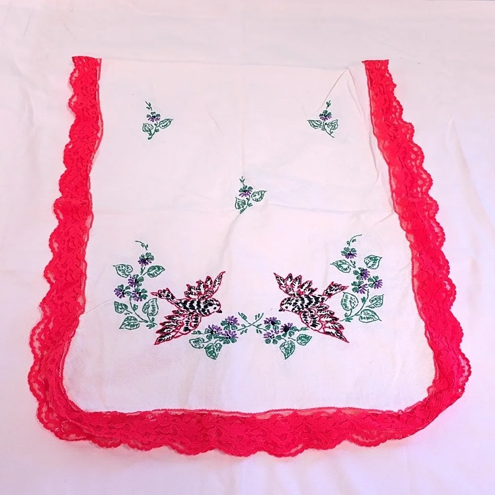 Vintage Table Runner White Red Embroidered Bird Lace Trim Dresser Scarf